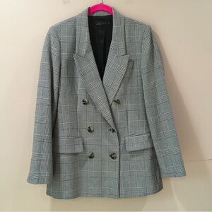 Zara Jacket Blazer Women Medium Houndstooth Double Breasted Black white 2014/886